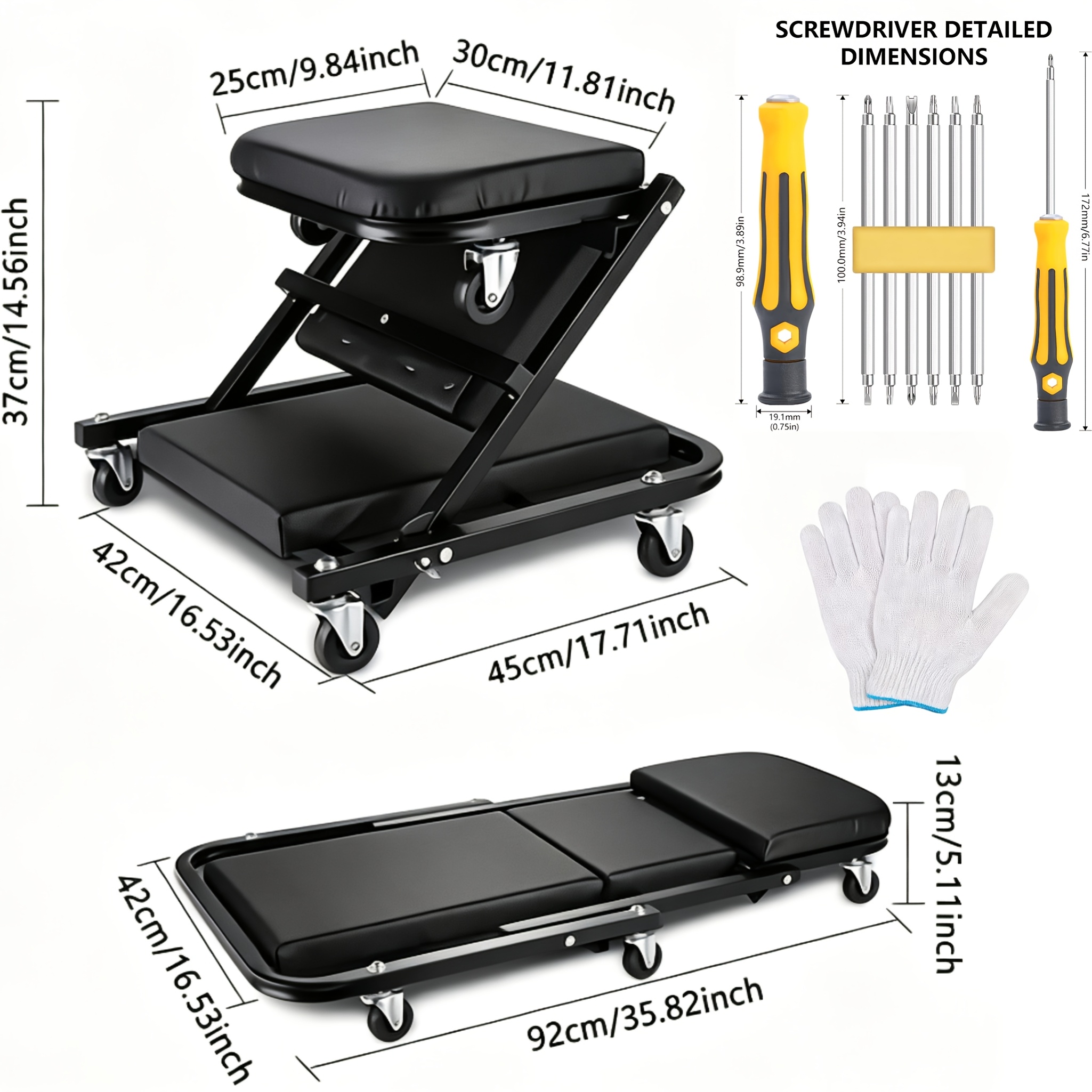 Auto Repair Bench with Roller Moving Tool Tray(Sold Separately), 2-in-1 Track, 36inch; Z Track Seat, Load Capacity Garage Chair Adjustable Rolling Folding Track ; Wheels.A Gift for the Family