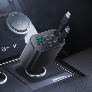 35W Five-Port Car Charger with Retractable Cables, Includes Type-C/Lightning Dual Retractable Cables, Digital Voltage Display, Dual PD+USB Multi-Port Expansion, Lighter Splitter with Five Ports, Multiple Overvoltage/Overcurrent/Overheat Protections
