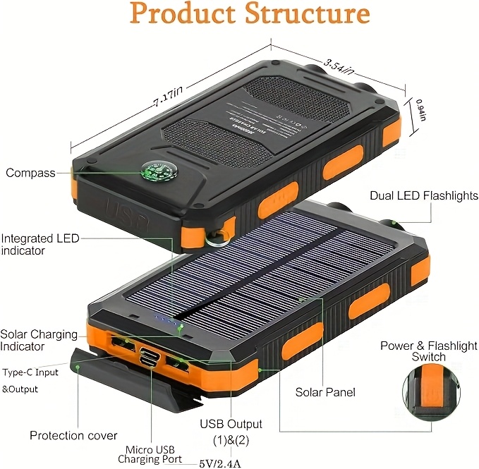 10000/20000Mah Solar Power Bank, External Backup Battery Pack with USB C Input/Output/Led Flashlight, Compatible with Samsung, Ipad, Suitable for Outdoor And Camping Quick Charger with Dual USB Ports, Built-In LED And Compass, Compatible with All