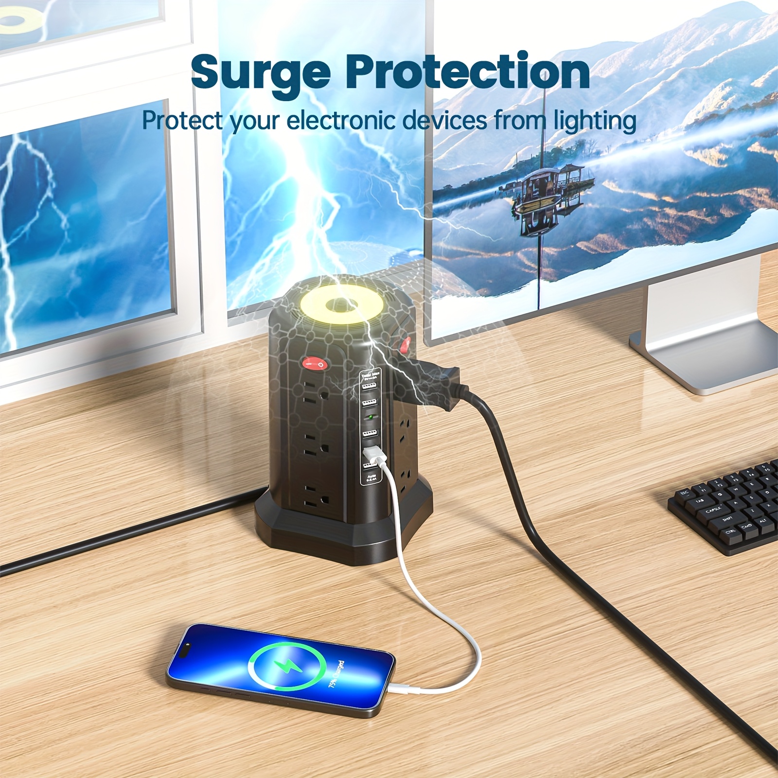 10ft/6ft Extension Cord with Multiple Outlets, 17in 1 Surge Protector, Power Board with USB Ports, 5 USB Interfaces, PD18W/20W Fast Charging, with A Night Light Multi Plug Outlet Charging Station, Suitable for Home Office And Dormitory Use - Image 8