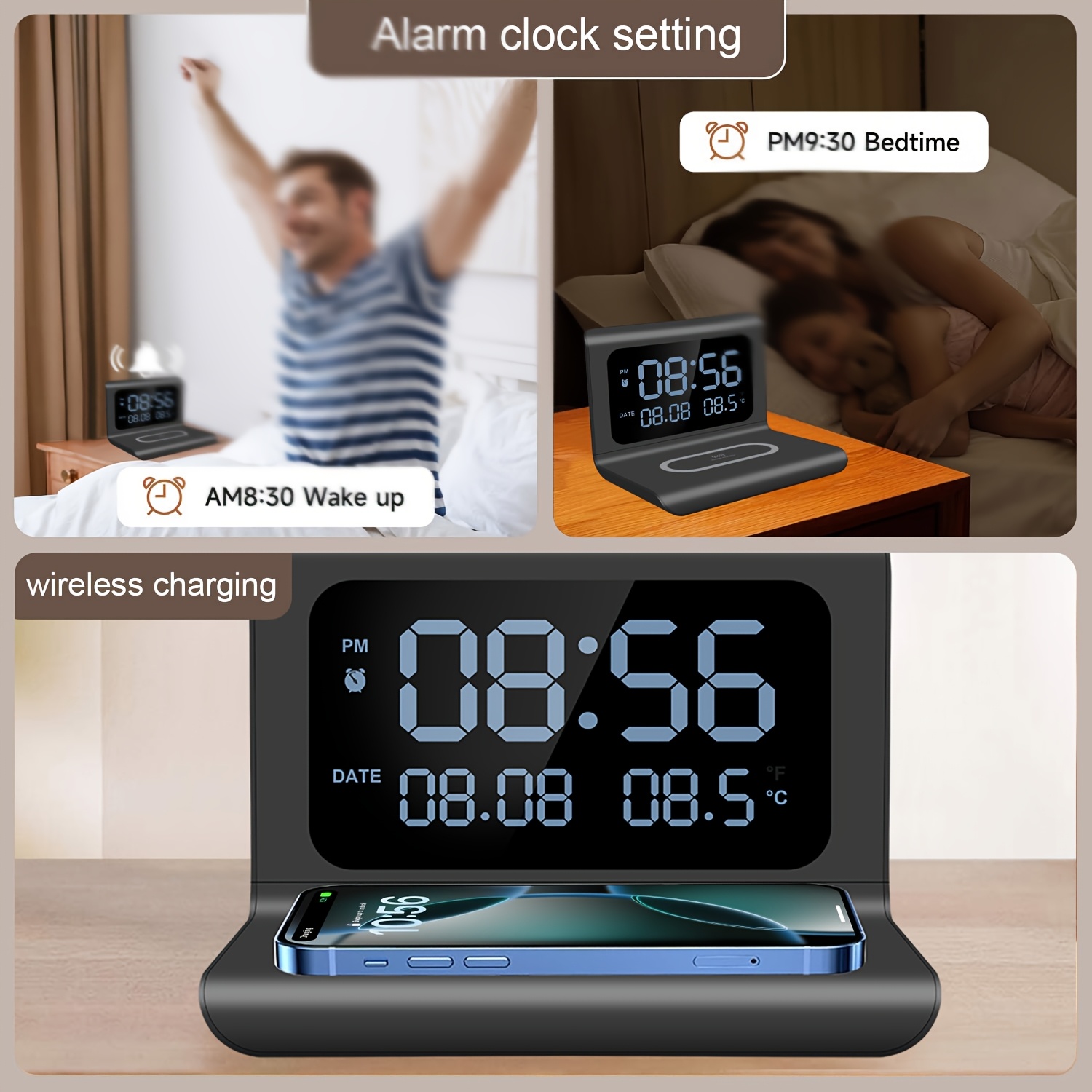 3in 1 Wireless Charger, Time Temperature Display, Alarm Clock for Bedroom Desk, Charging Dock Station for iPhone 16 15 14 13 12 11 Pro Max/Mini/Plus/XR/X/8 AirPods 2/3/4/Pro/Pro 2, AirPods 4/3/Pro/2, for Samsung S25/S23/S22/S21/S20/, Buds