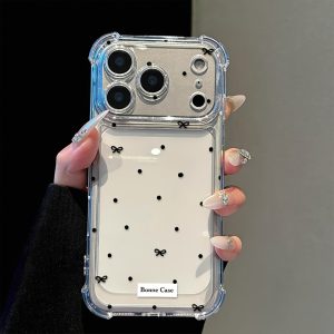 Phone Case: Simple Black Polka Dot Bow Transparent Phone Case, Suitable for iPhone 17/16/15/14/13/12/11 Pro Max Series Four Corner Anti Drop Protective Case, Lightweight and Fashionable, Creative Pattern Design, Exquisite Gift for People/personal Use