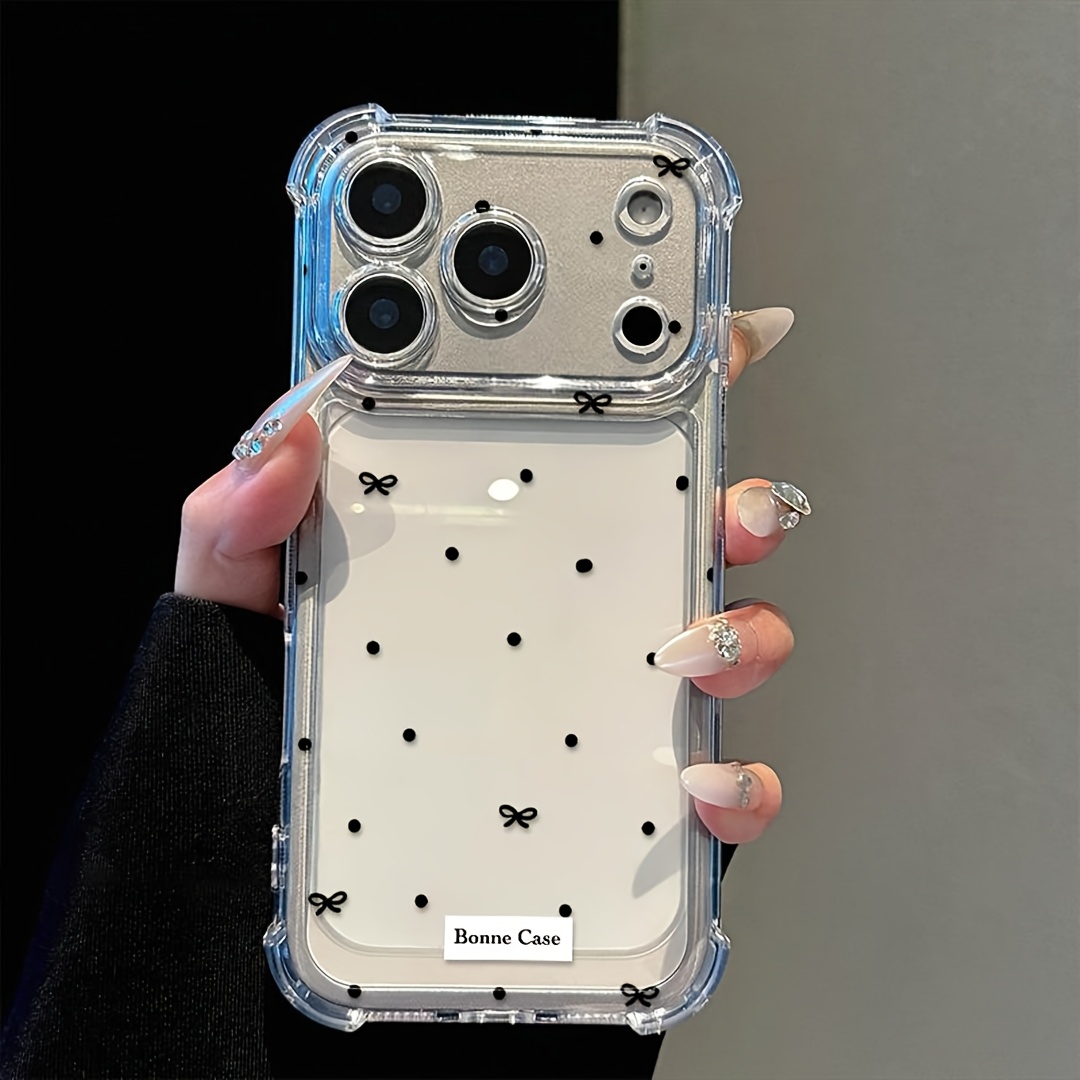 Phone Case: Simple Black Polka Dot Bow Transparent Phone Case, Suitable for iPhone 17/16/15/14/13/12/11 Pro Max Series Four Corner Anti Drop Protective Case, Lightweight and Fashionable, Creative Pattern Design, Exquisite Gift for People/personal Use