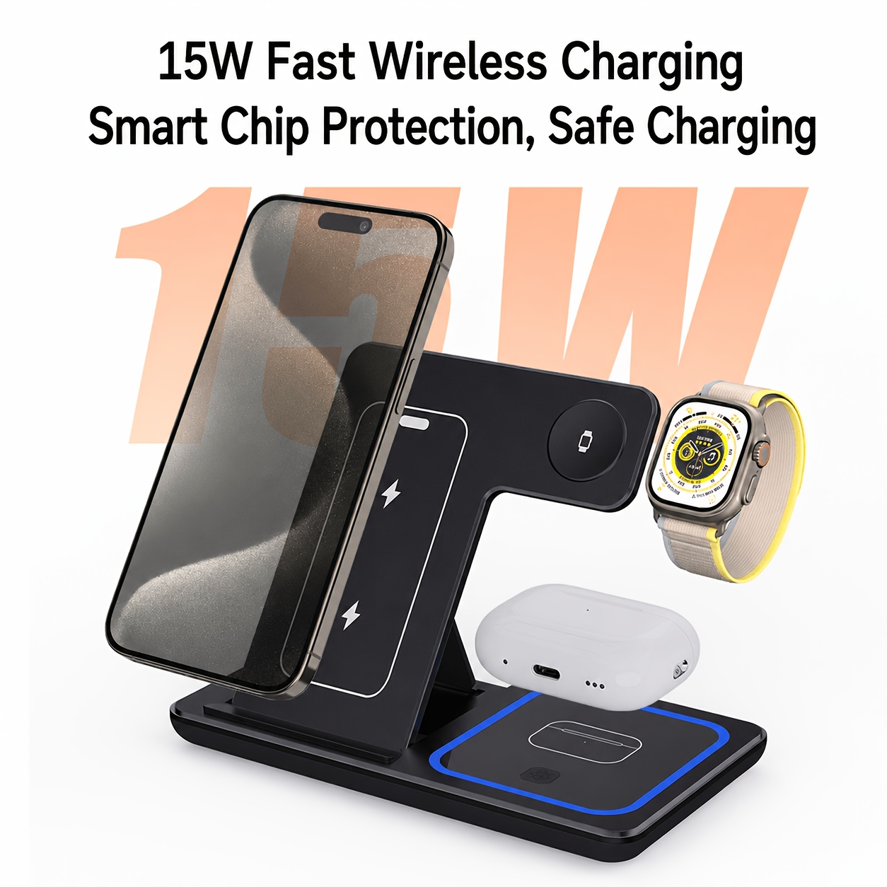 15W Foldable 3-in-1 Wireless Charging Station, Multi-Device Charging Stand for Phones, Smart Watches, and Wireless Earbuds, Portable Desktop Fast Charging Base. Compatible with iPhone 17/16/15/14/13/12/11 Series, Apple Watch Series 2-9/SE/Ultra