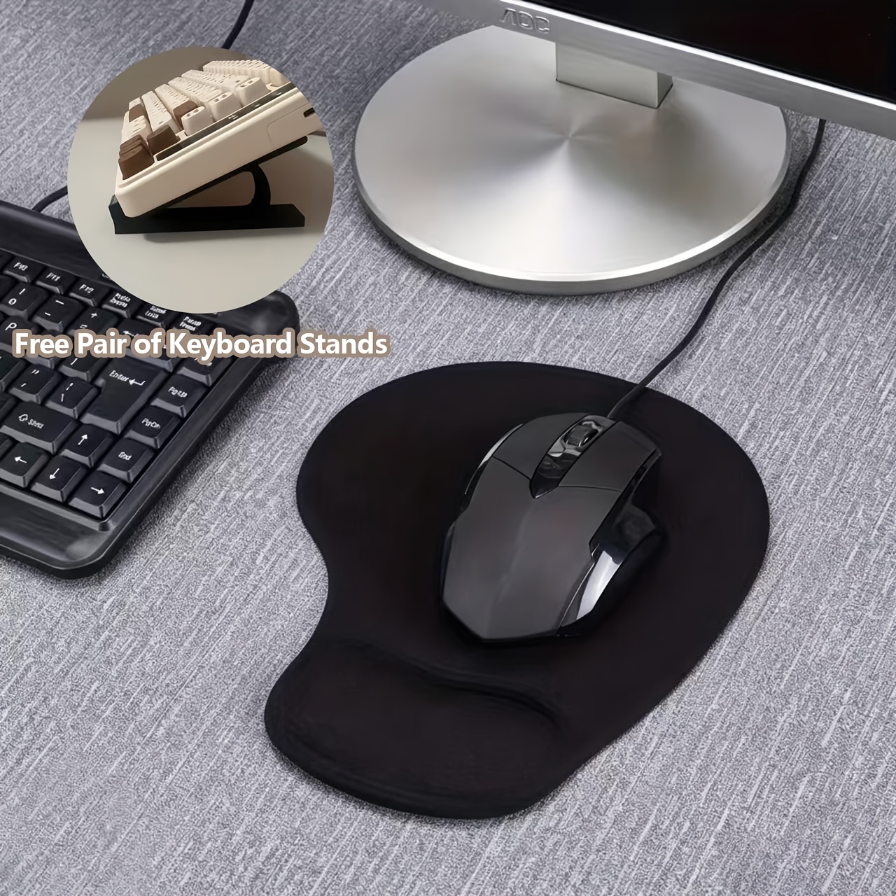 3pcs Set (1 Mouse Pad + 2 Keyboard Riser Stands), Wrist Support Mouse Pad for Office & Computer Use, Thin Sponge Wrist Rest, Anti-Slip, Wear-Resistant, Skin-Friendly Comfortable Mouse Wrist Cushion
