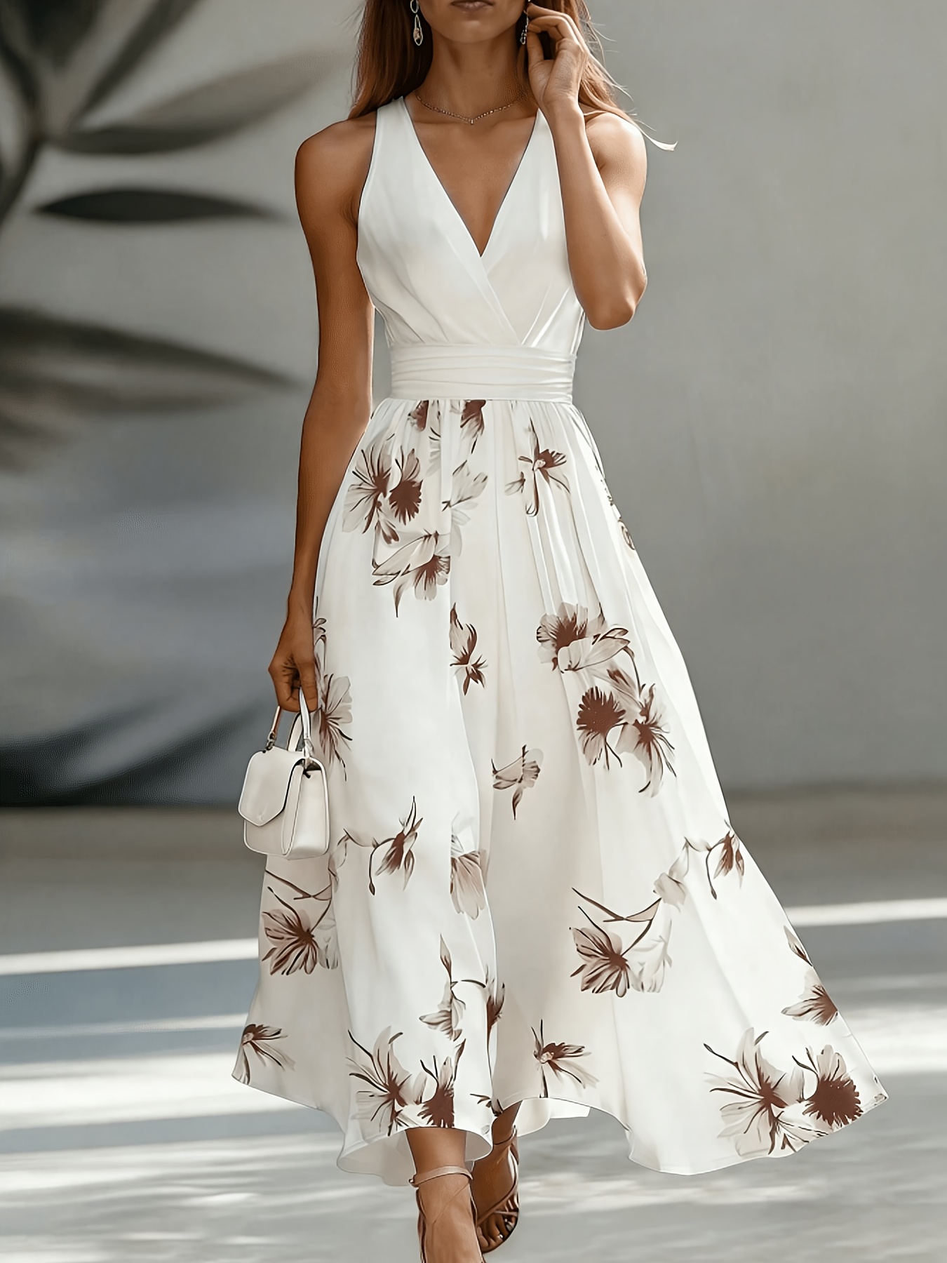 Women'S New V-Neck Backless Ruched Dress, Contrast Color Patchwork Floral Print Flared Long Dress, Fashionable Elegant Commute Vacation, Street Trendy, Date Party, Daily Wear Light Luxury Bridesmaid Dress Gown, Suitable for Spring Summer - Image 3