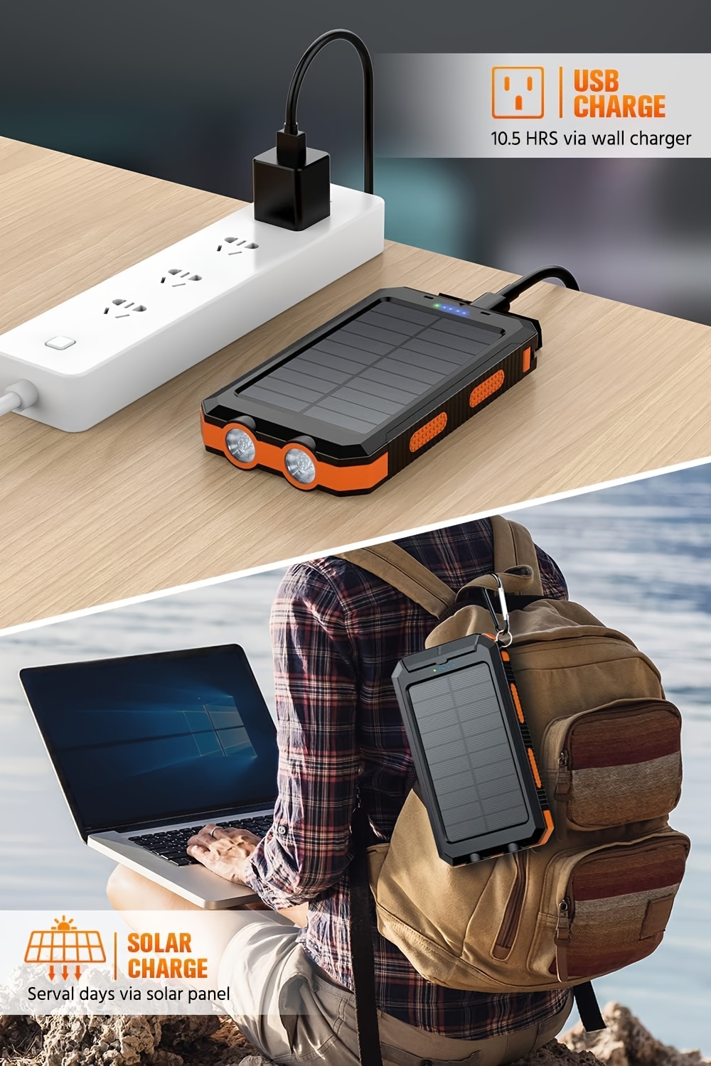 10000/20000Mah Solar Power Bank, External Backup Battery Pack with USB C Input/Output/Led Flashlight, Compatible with Samsung, Ipad, Suitable for Outdoor And Camping Quick Charger with Dual USB Ports, Built-In LED And Compass, Compatible with All