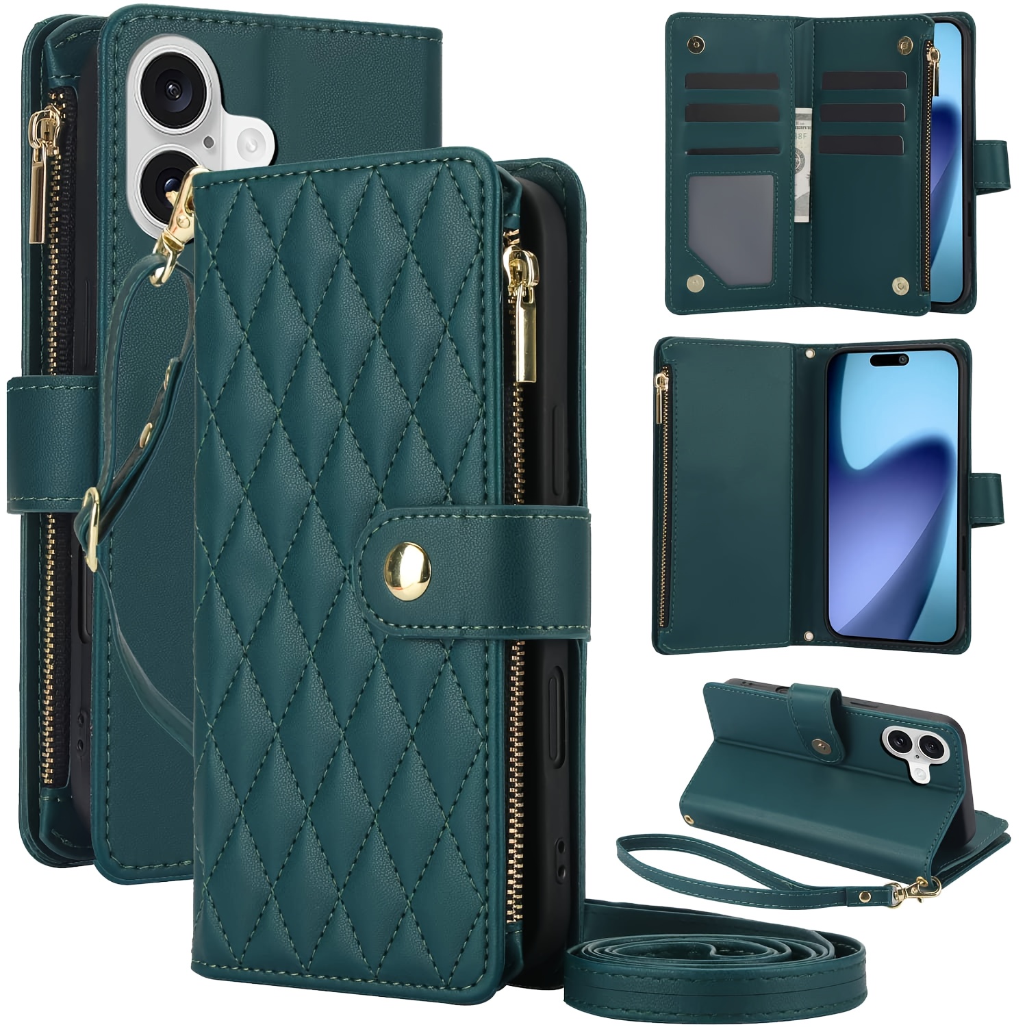 Wallet Case for iPhone 17/ 16e/ 16/ 15/ 14/ 13/ 12/ 11 Pro Max/ XR/ X/ XS/ XS Max/ 16 Plus/ 12 Mini/ 13 Mini/ SE 2020/ SE 2022/ Air 2025, Adjustable Crossbody Zipper Purse Case Card Holder with Kickstand Detachable Wrist Strap, Flip Folio Case - Image 49