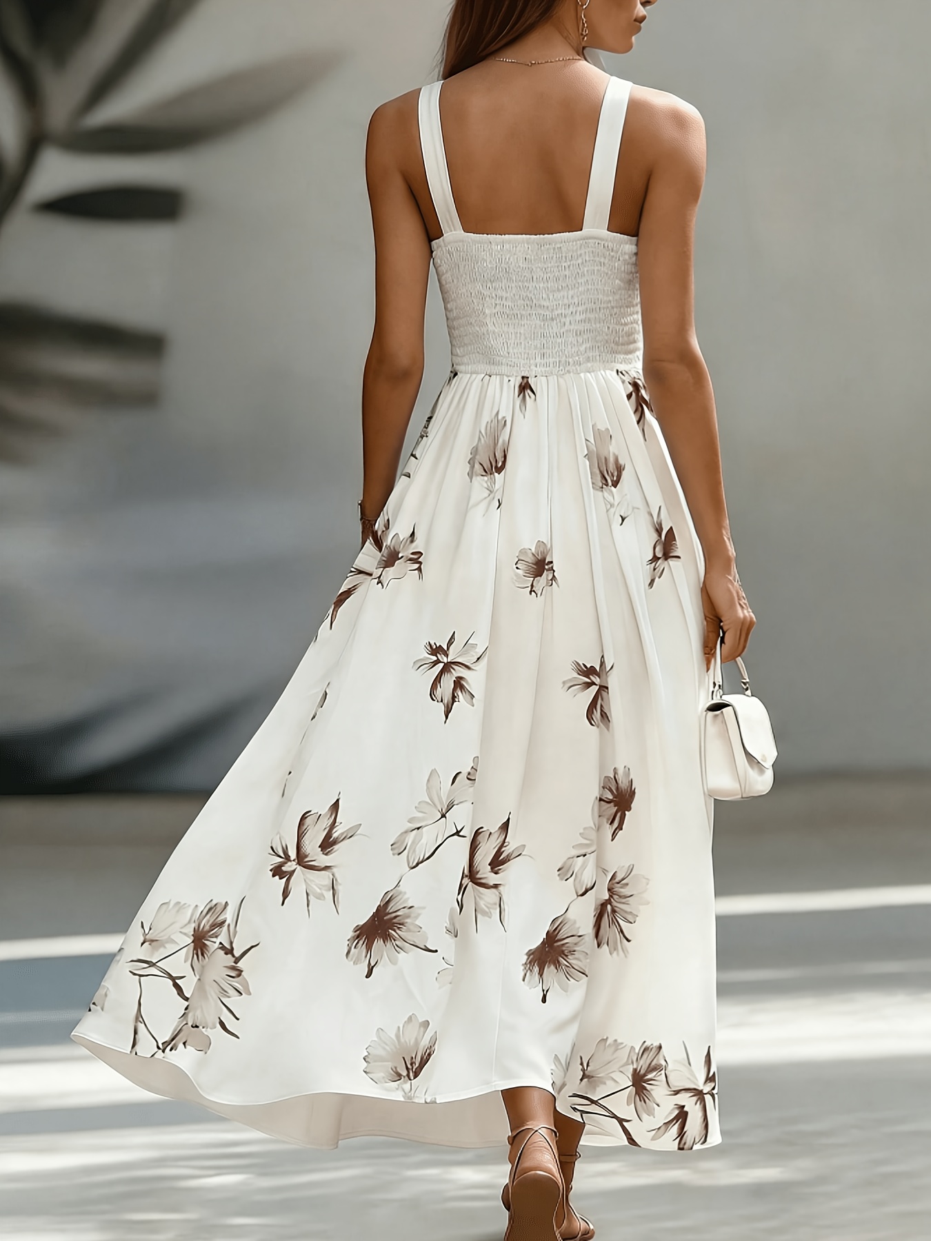 Women'S New V-Neck Backless Ruched Dress, Contrast Color Patchwork Floral Print Flared Long Dress, Fashionable Elegant Commute Vacation, Street Trendy, Date Party, Daily Wear Light Luxury Bridesmaid Dress Gown, Suitable for Spring Summer - Image 2
