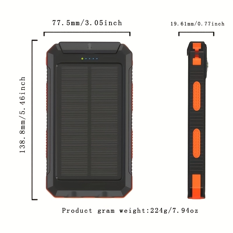 Solar Charger, 10000mAh Solar Mobile Power Bank, External Spare Battery Pack with USB C Input/output/LED Flash, Compatible with Samsung, iPad, Outdoor, Camping with Dual USB Ports Built-in LED and Compass, Suitable for All Phones - Image 8