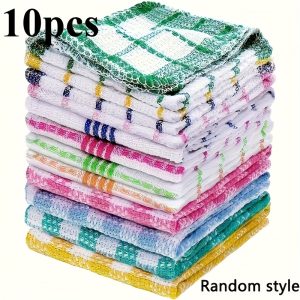 10pcs Random Color Double Sided Dishwashing Cloth, Kitchen Housekeeping Cleaning Cloth, Non Shedding Plaid Cleaning Cloth, Stain Remover Scouring Pad, Cleaning Tools