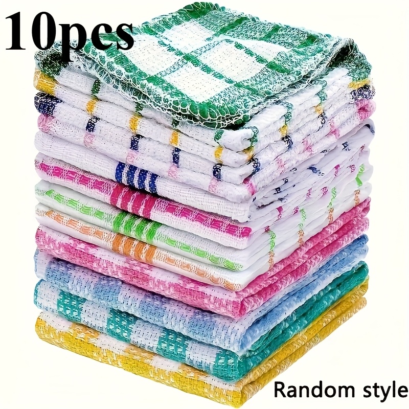 10pcs Random Color Double Sided Dishwashing Cloth, Kitchen Housekeeping Cleaning Cloth, Non Shedding Plaid Cleaning Cloth, Stain Remover Scouring Pad, Cleaning Tools