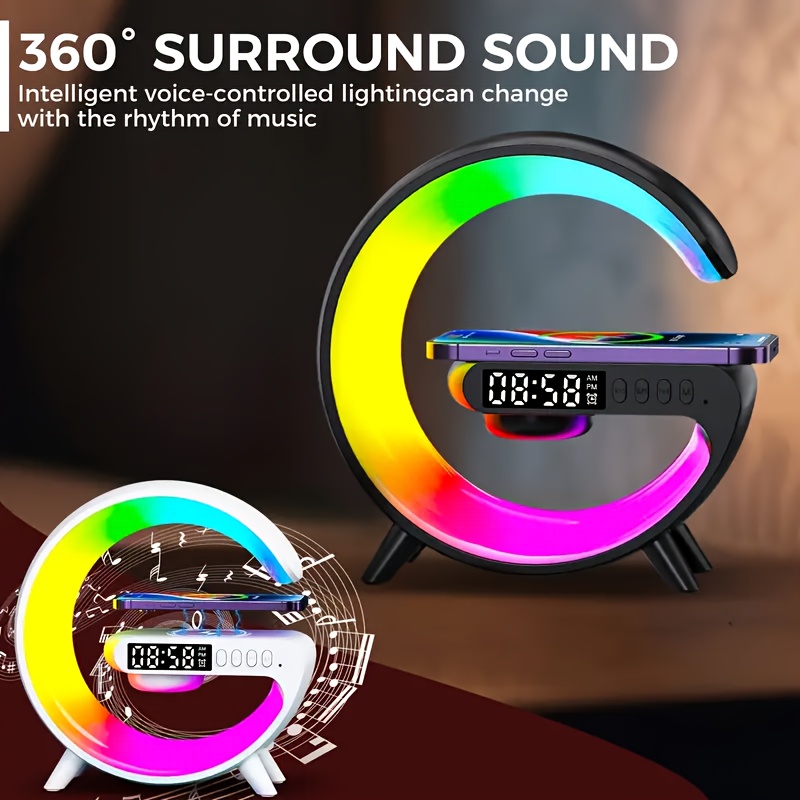 Multi-Function Wireless Charger Stand Fast Wireless Charging Station for iPhone 17 16 15 for Samsung HD Audio Subwoofer Portable Wireless Speaker Alarm Clock Colour LED Night Light RGB Light Bedside Lamp Christmas And Halloween Gifts
