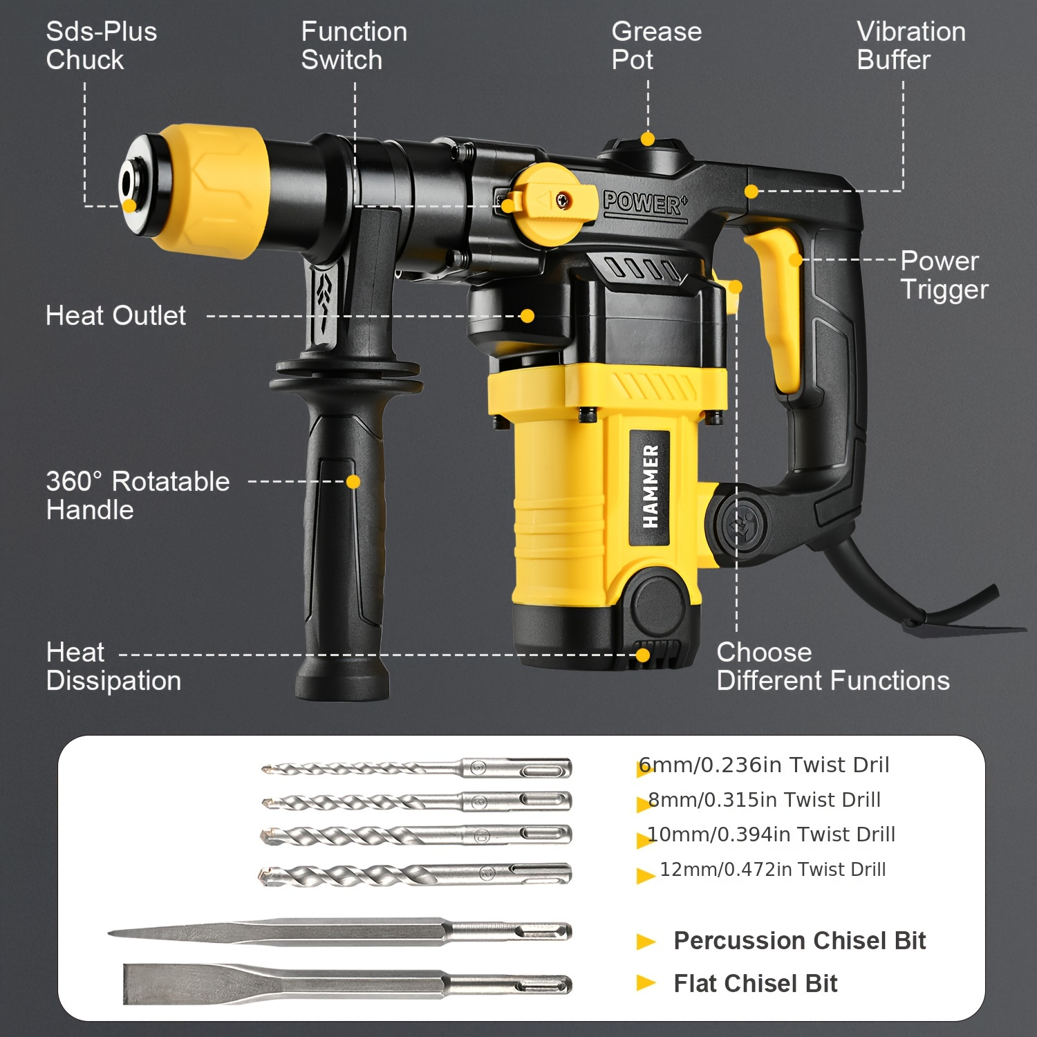 Heavy Duty Rotary Hammer Drill SDS Plus, 1 Battery/No Battery, Suitable for Concrete And Brick Walls, Dual-Mode Power Adjustment, Essential for Home Decoration And Construction, Equipped with Carry Case And Drill Bits, Great Gift for Handyman
