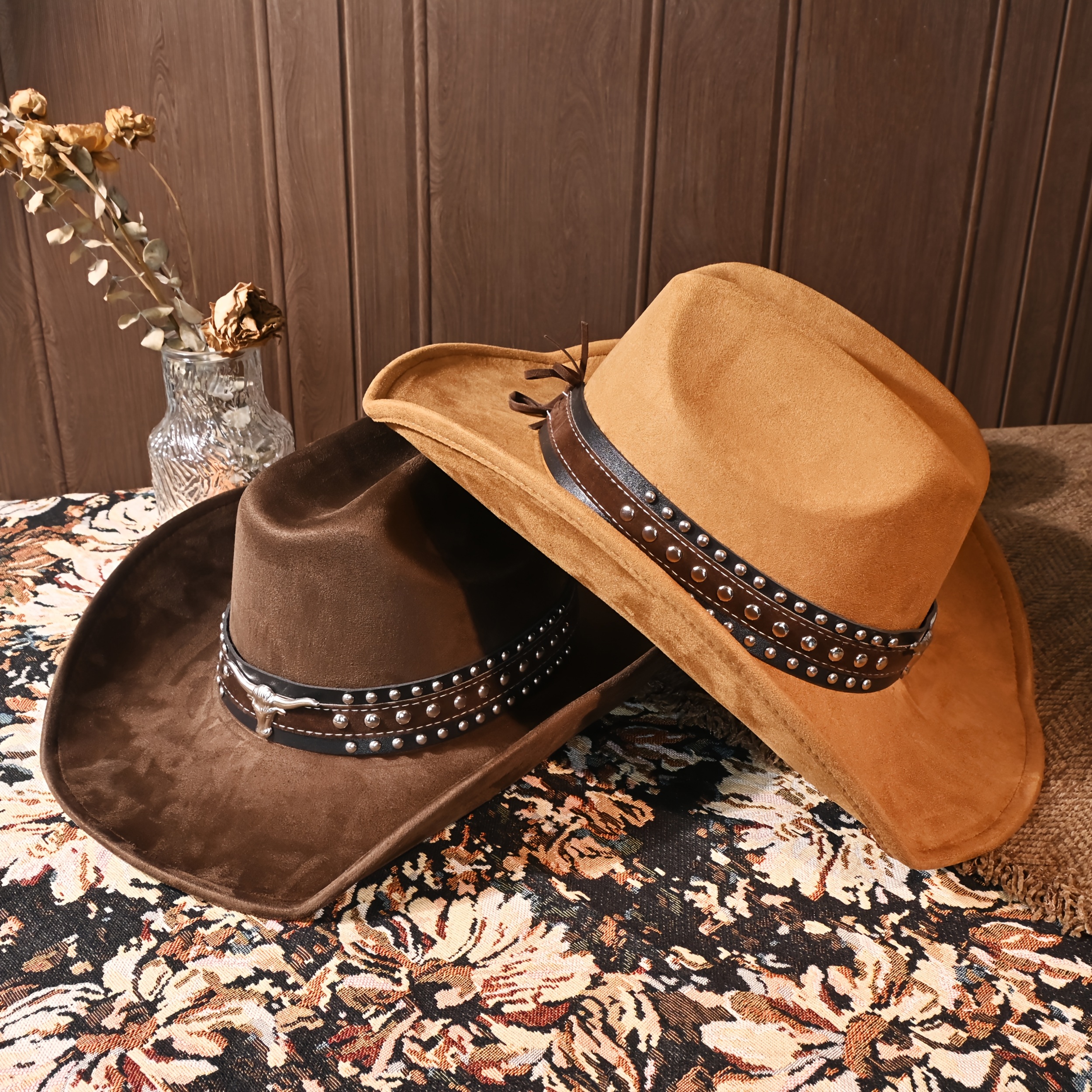 1 Metal Bullhead Studded Two-Tone Leather Belt, Rancher Crease Shaped Cowboy Hat, Faux Suede Material, All-Season Style, Stylish And Fashionable