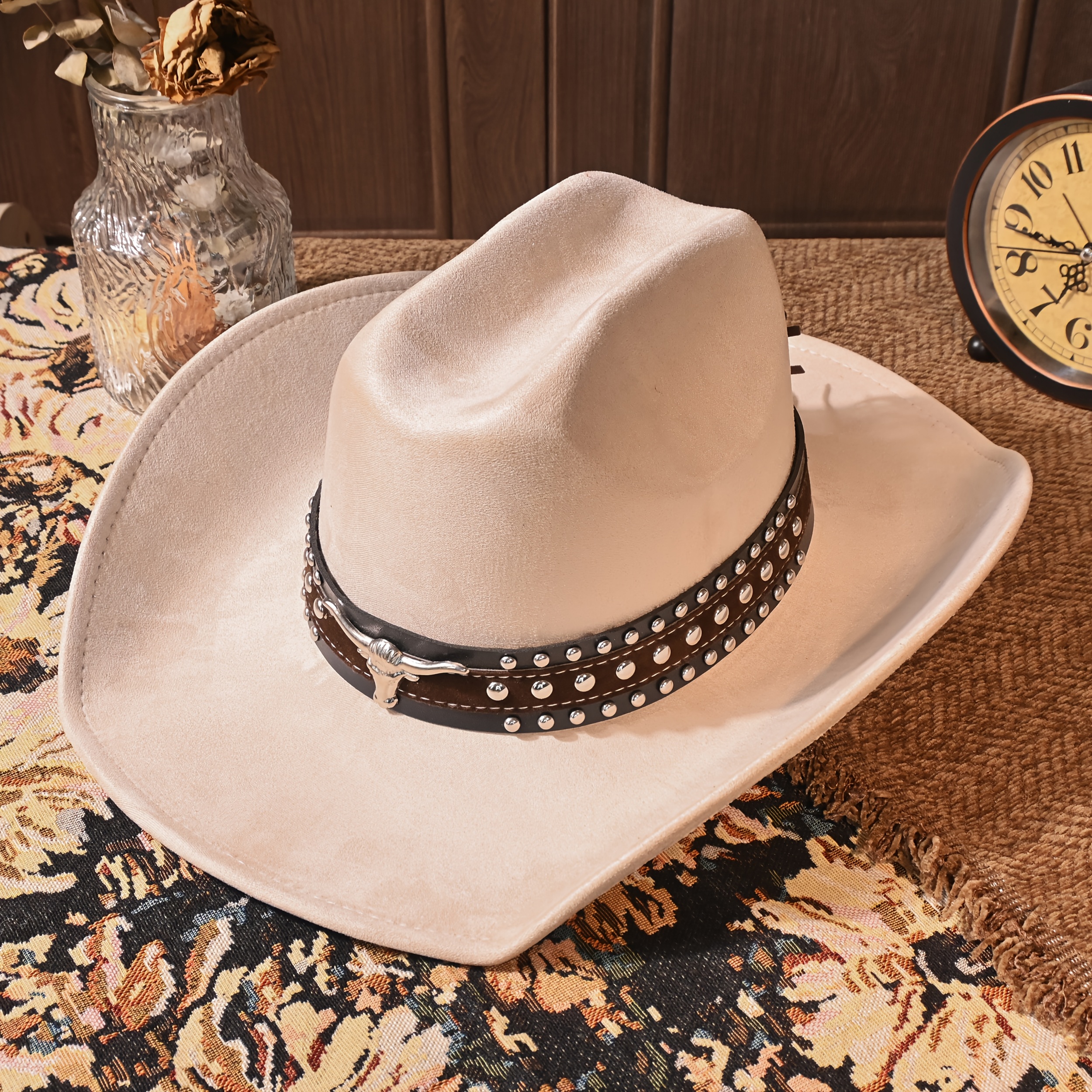 1 Metal Bullhead Studded Two-Tone Leather Belt, Rancher Crease Shaped Cowboy Hat, Faux Suede Material, All-Season Style, Stylish And Fashionable