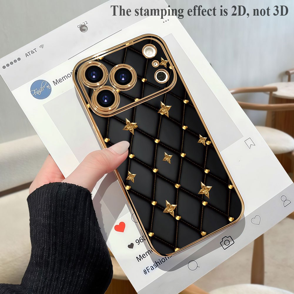Phone Case - 2D Printed Phone Case: Luxury Black Quilted Phone Case with Golden Studs And Diamond 2D Patterns, Suitable for Iphone 17/16/15/14/13/12/11 Pro Max/Plus/Air, Made of PC Material, an Excellent Choice for Gifts - Image 6