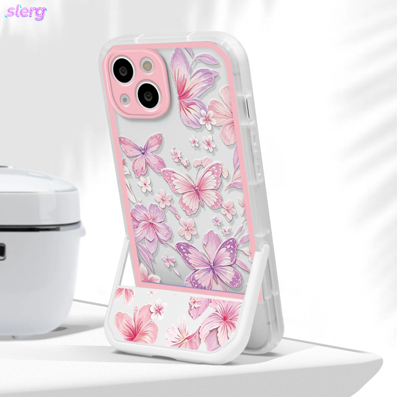 Phone Case: Transparent White and Pink Frame with Pink and Purple Butterfly Floral Pattern, Folding Invisible Stand Phone Case. Suitable for iPhone 11/12/13/14/15/16/17/Pro/ProMax/Plus Series. A Perfect Gift for Friends and Family