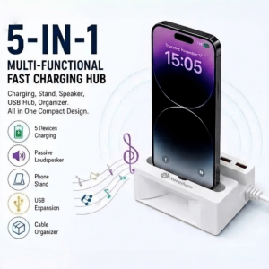 NOVETHERA 5-In-1 USB Charging Hub with Phone Stand Passive Resonance Speaker, 4 X USB-A And 1 X USB-C PD Fast Charging Ports Multi-Port USB Expander Cable Organizer Desktop Charging Station for Office Travel