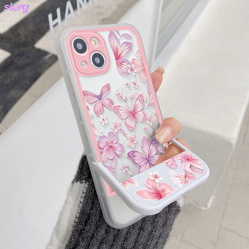 Phone Case: Transparent White and Pink Frame with Pink and Purple Butterfly Floral Pattern, Folding Invisible Stand Phone Case. Suitable for iPhone 11/12/13/14/15/16/17/Pro/ProMax/Plus Series. A Perfect Gift for Friends and Family
