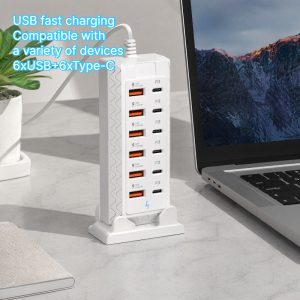 12-Port USB Fast Charging Station, 6 USB-A Fast Charging Ports + 6 Type-C PD Charging Ports, Multi-Device Charging Hub, Space-Saving Desktop Charging Stand, Laptop, Phone, Tablet Home & Office Space Overload Protection Power Strip