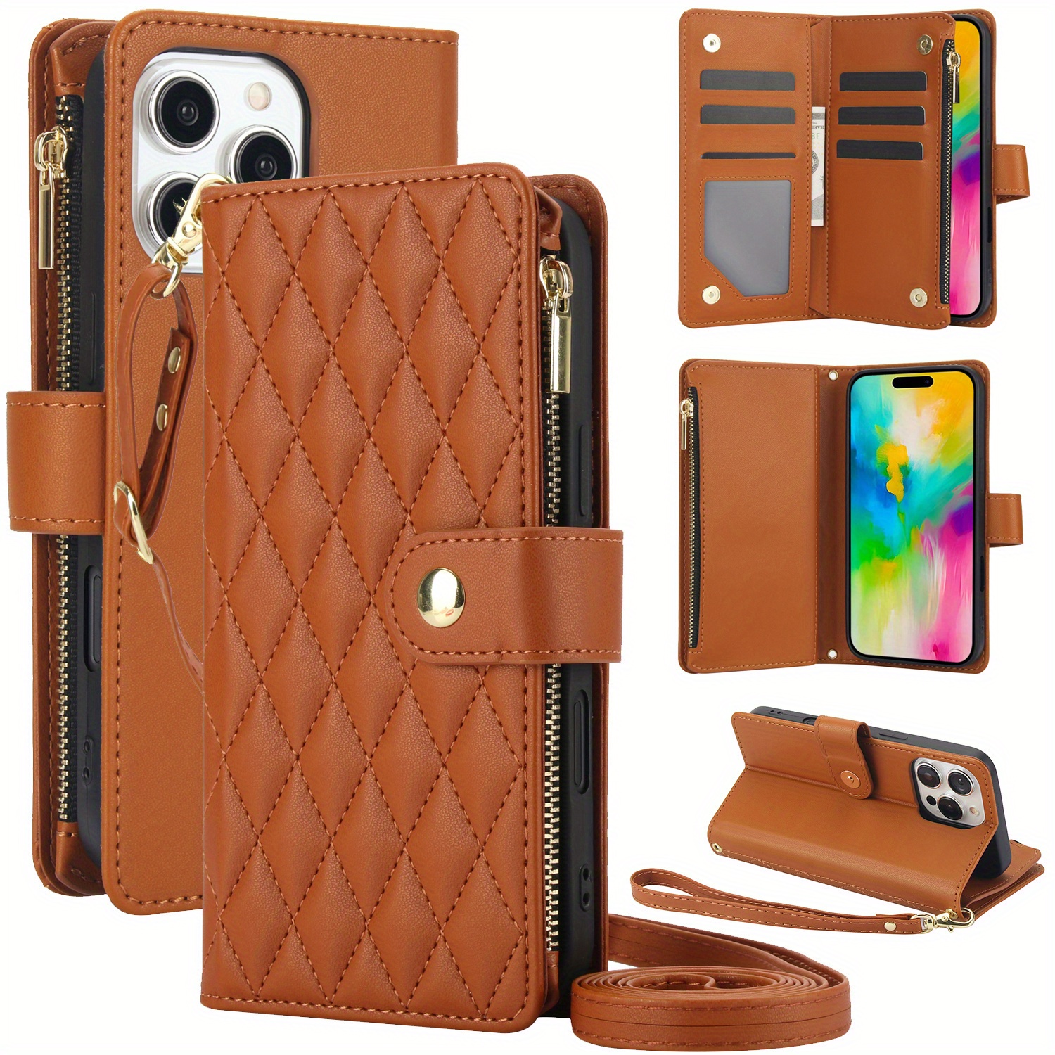 Wallet Case for iPhone 17/ 16e/ 16/ 15/ 14/ 13/ 12/ 11 Pro Max/ XR/ X/ XS/ XS Max/ 16 Plus/ 12 Mini/ 13 Mini/ SE 2020/ SE 2022/ Air 2025, Adjustable Crossbody Zipper Purse Case Card Holder with Kickstand Detachable Wrist Strap, Flip Folio Case