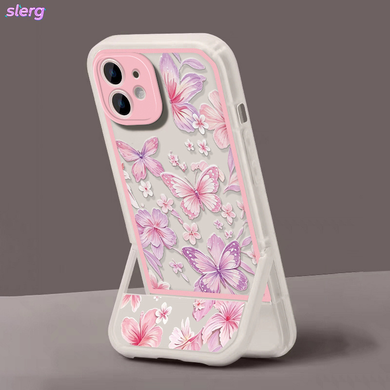 Phone Case: Transparent White and Pink Frame with Pink and Purple Butterfly Floral Pattern, Folding Invisible Stand Phone Case. Suitable for iPhone 11/12/13/14/15/16/17/Pro/ProMax/Plus Series. A Perfect Gift for Friends and Family