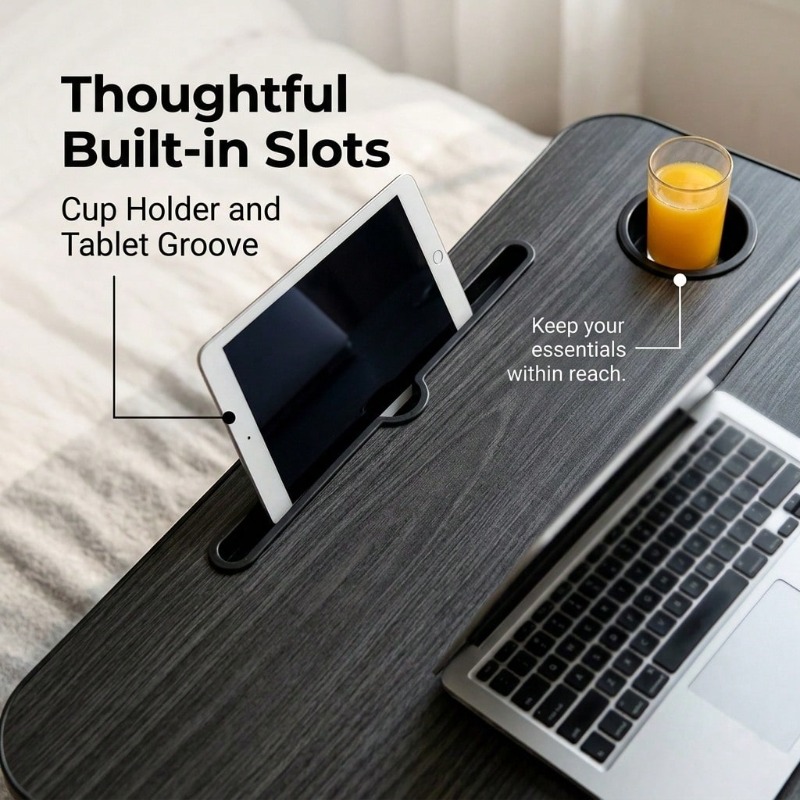 Foldable Bed Desk Suitable for Laptop, Large Portable Table with Cup Holder & Tablet Slot - Multifunctional Wood Table with Storage Tray, Space-Saving Bedside Desk for Dorm, Sofa, Bed, for Office, Tablet Holder and Tray, -Standing