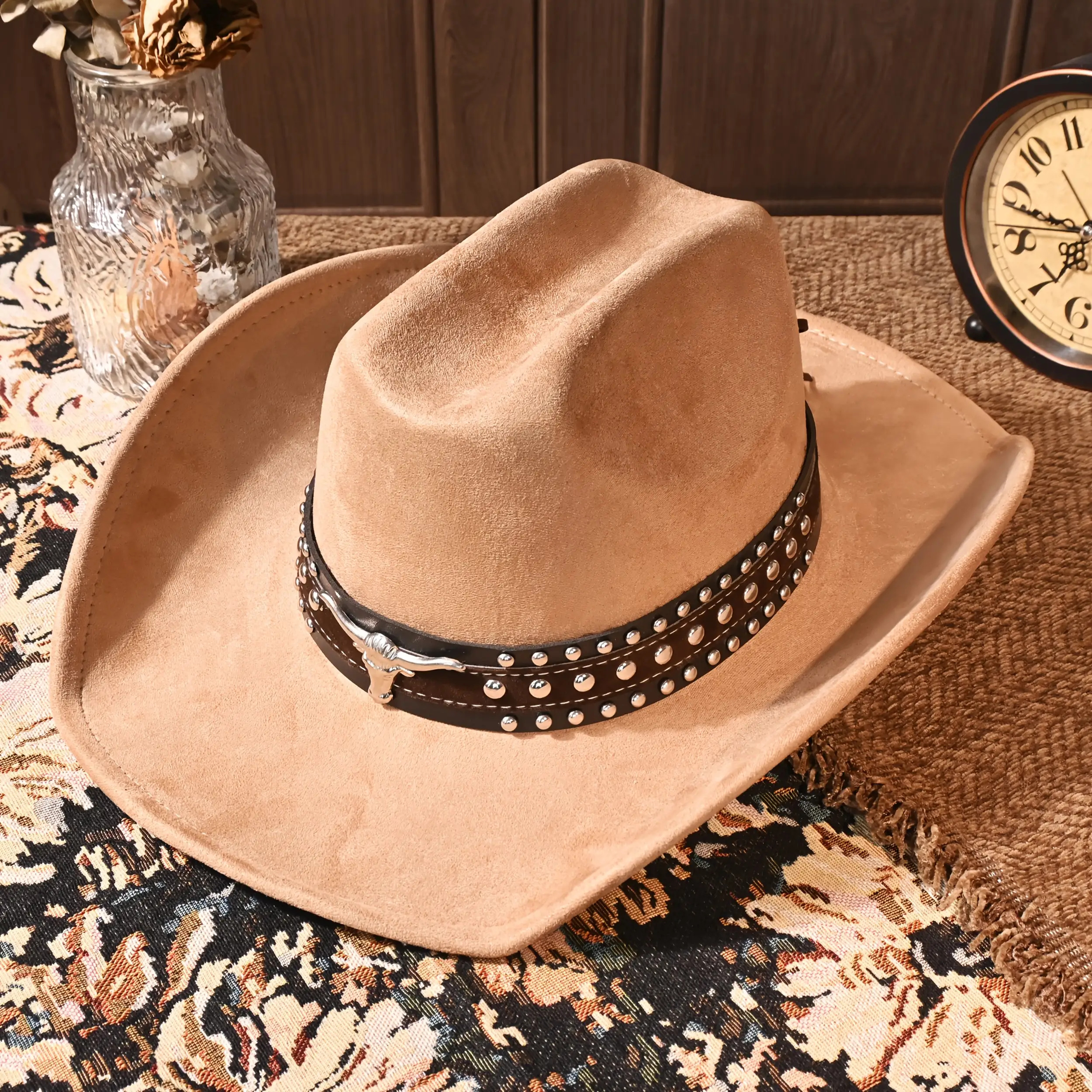 1 Metal Bullhead Studded Two-Tone Leather Belt, Rancher Crease Shaped Cowboy Hat, Faux Suede Material, All-Season Style, Stylish And Fashionable