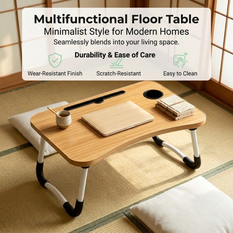 Foldable Bed Desk Suitable for Laptop, Large Portable Table with Cup Holder & Tablet Slot - Multifunctional Wood Table with Storage Tray, Space-Saving Bedside Desk for Dorm, Sofa, Bed, for Office, Tablet Holder and Tray, -Standing