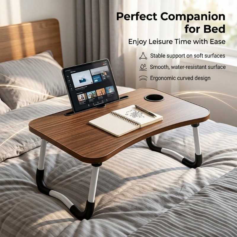 Foldable Bed Desk Suitable for Laptop, Large Portable Table with Cup Holder & Tablet Slot - Multifunctional Wood Table with Storage Tray, Space-Saving Bedside Desk for Dorm, Sofa, Bed, for Office, Tablet Holder and Tray, -Standing