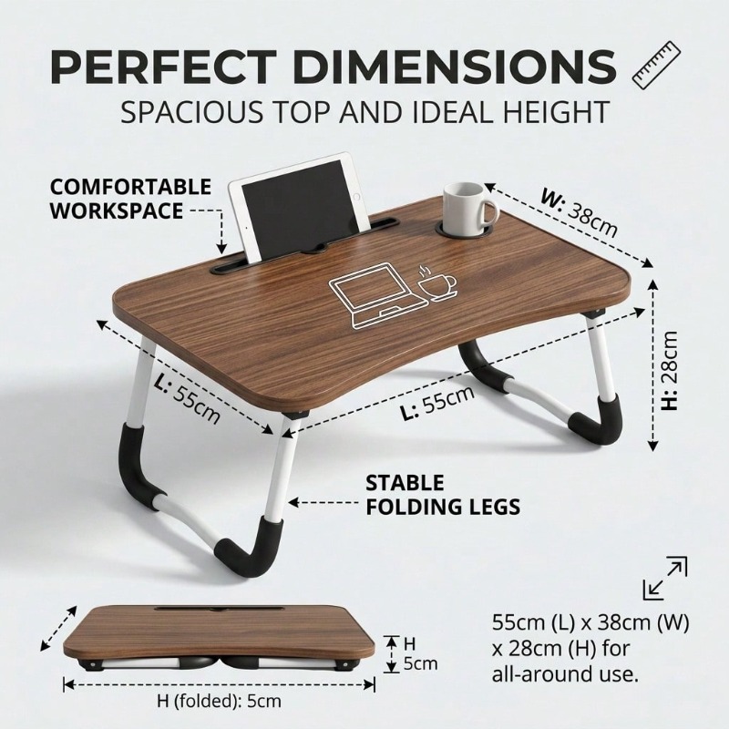 Foldable Bed Desk Suitable for Laptop, Large Portable Table with Cup Holder & Tablet Slot - Multifunctional Wood Table with Storage Tray, Space-Saving Bedside Desk for Dorm, Sofa, Bed, for Office, Tablet Holder and Tray, -Standing