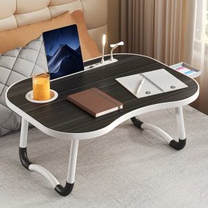 Foldable Bed Desk Suitable for Laptop, Large Portable Table with Cup Holder & Tablet Slot - Multifunctional Wood Table with Storage Tray, Space-Saving Bedside Desk for Dorm, Sofa, Bed, for Office, Tablet Holder and Tray, -Standing