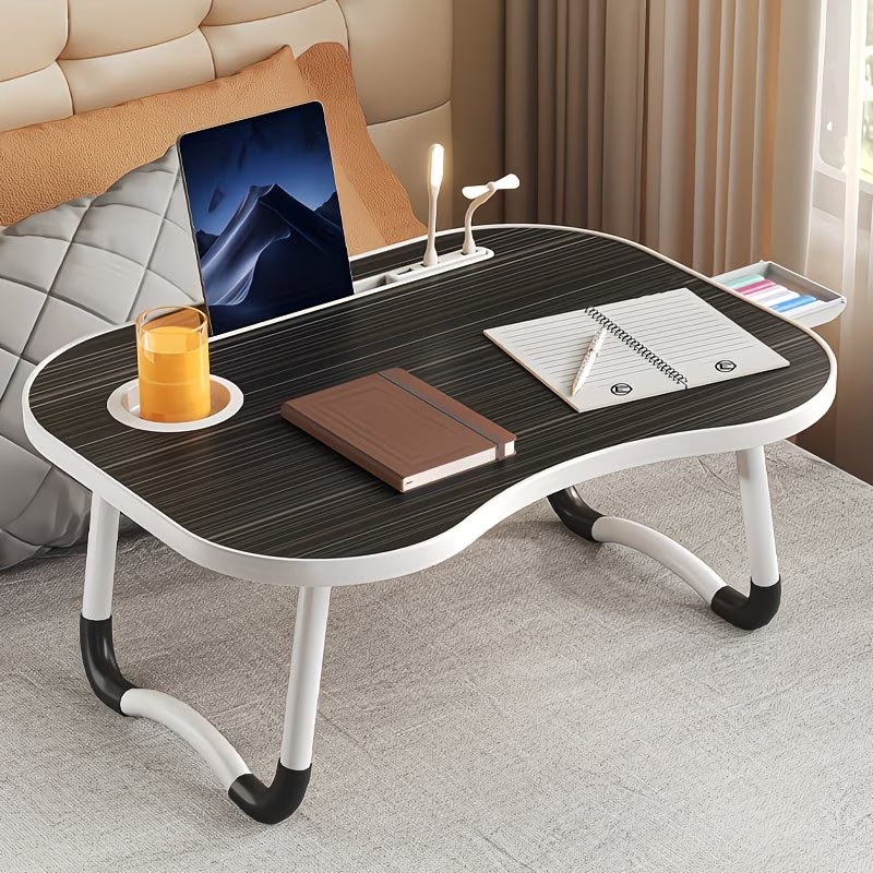 Foldable Bed Desk Suitable for Laptop, Large Portable Table with Cup Holder & Tablet Slot - Multifunctional Wood Table with Storage Tray, Space-Saving Bedside Desk for Dorm, Sofa, Bed, for Office, Tablet Holder and Tray, -Standing