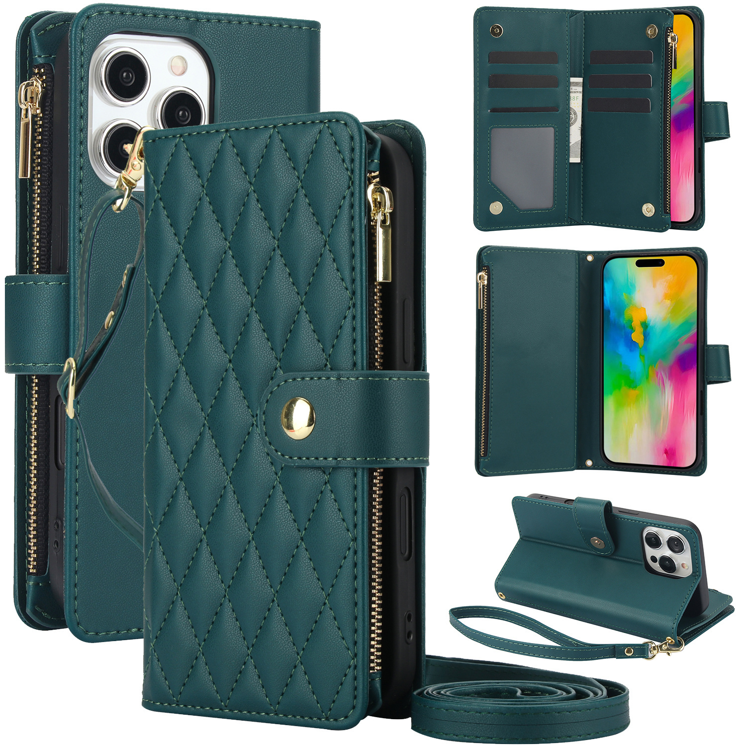 Wallet Case for iPhone 17/ 16e/ 16/ 15/ 14/ 13/ 12/ 11 Pro Max/ XR/ X/ XS/ XS Max/ 16 Plus/ 12 Mini/ 13 Mini/ SE 2020/ SE 2022/ Air 2025, Adjustable Crossbody Zipper Purse Case Card Holder with Kickstand Detachable Wrist Strap, Flip Folio Case - Image 28
