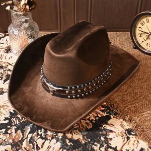 1 Metal Bullhead Studded Two-Tone Leather Belt, Rancher Crease Shaped Cowboy Hat, Faux Suede Material, All-Season Style, Stylish And Fashionable