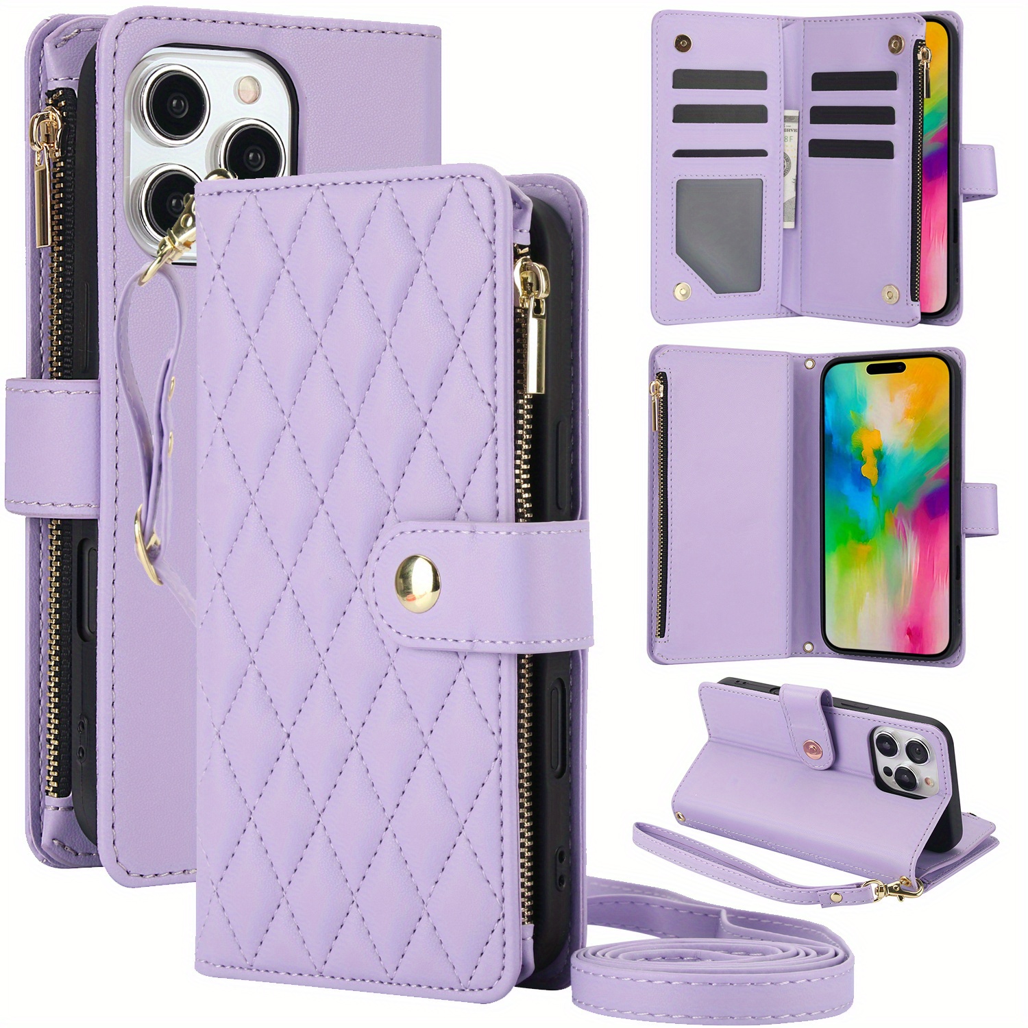 Wallet Case for iPhone 17/ 16e/ 16/ 15/ 14/ 13/ 12/ 11 Pro Max/ XR/ X/ XS/ XS Max/ 16 Plus/ 12 Mini/ 13 Mini/ SE 2020/ SE 2022/ Air 2025, Adjustable Crossbody Zipper Purse Case Card Holder with Kickstand Detachable Wrist Strap, Flip Folio Case