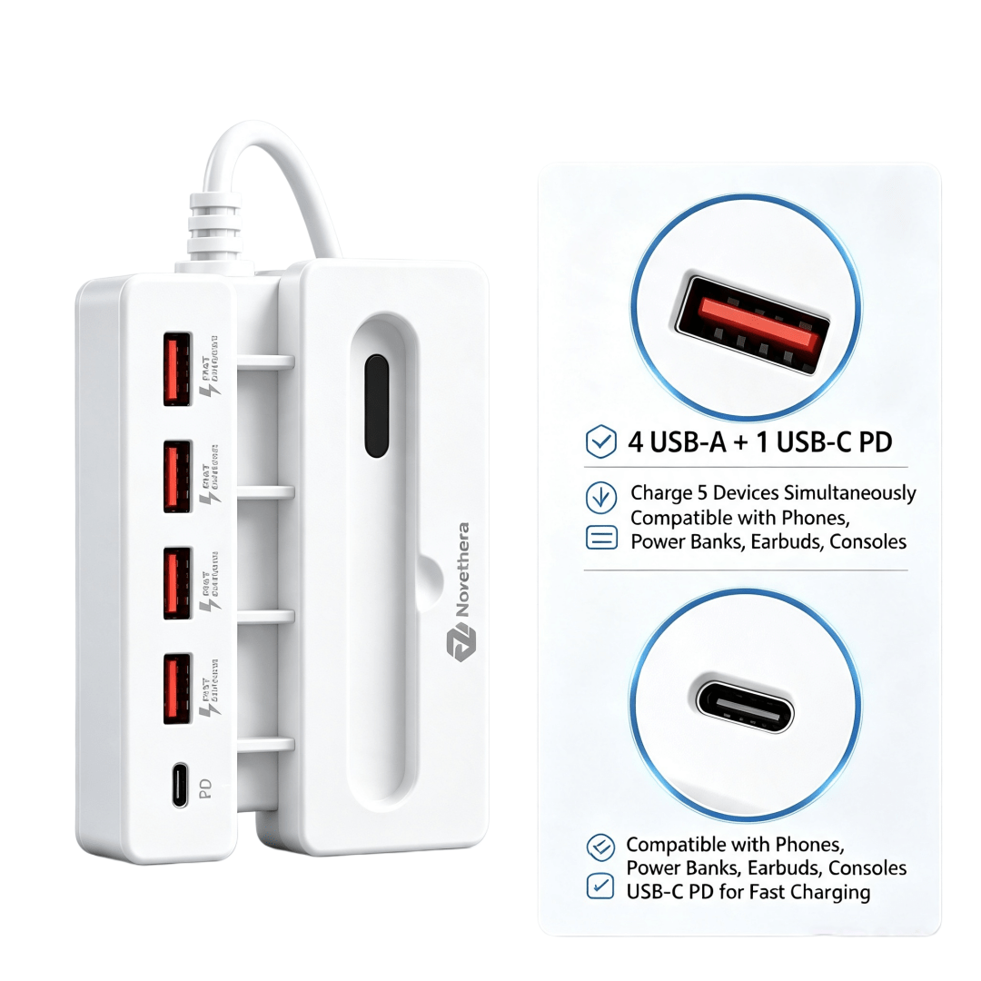 NOVETHERA 5-In-1 USB Charging Hub with Phone Stand Passive Resonance Speaker, 4 X USB-A And 1 X USB-C PD Fast Charging Ports Multi-Port USB Expander Cable Organizer Desktop Charging Station for Office Travel