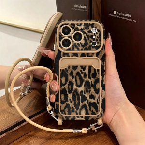 Phone Case: 1 Drop-Proof,, Shockproof, Anti-Fingerprint Card Holder Phone Case with Lanyard Strap, Vintage Leopard Print Card Holder Lanyard for Apple Series Drop-Proof Phone Cases, Matte Frosted TPU Protective Cover, Ultra-Thin and Minimalist