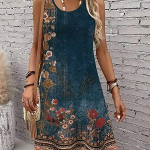 [Printed Design-Not Textured] Vintage Ethnic Floral Leaf All Over Print Sleeveless Tank Dress, Women Round Neck A-Line Midi Dress, Breathable Summer Vacation Unique Casual Outdoor Dress