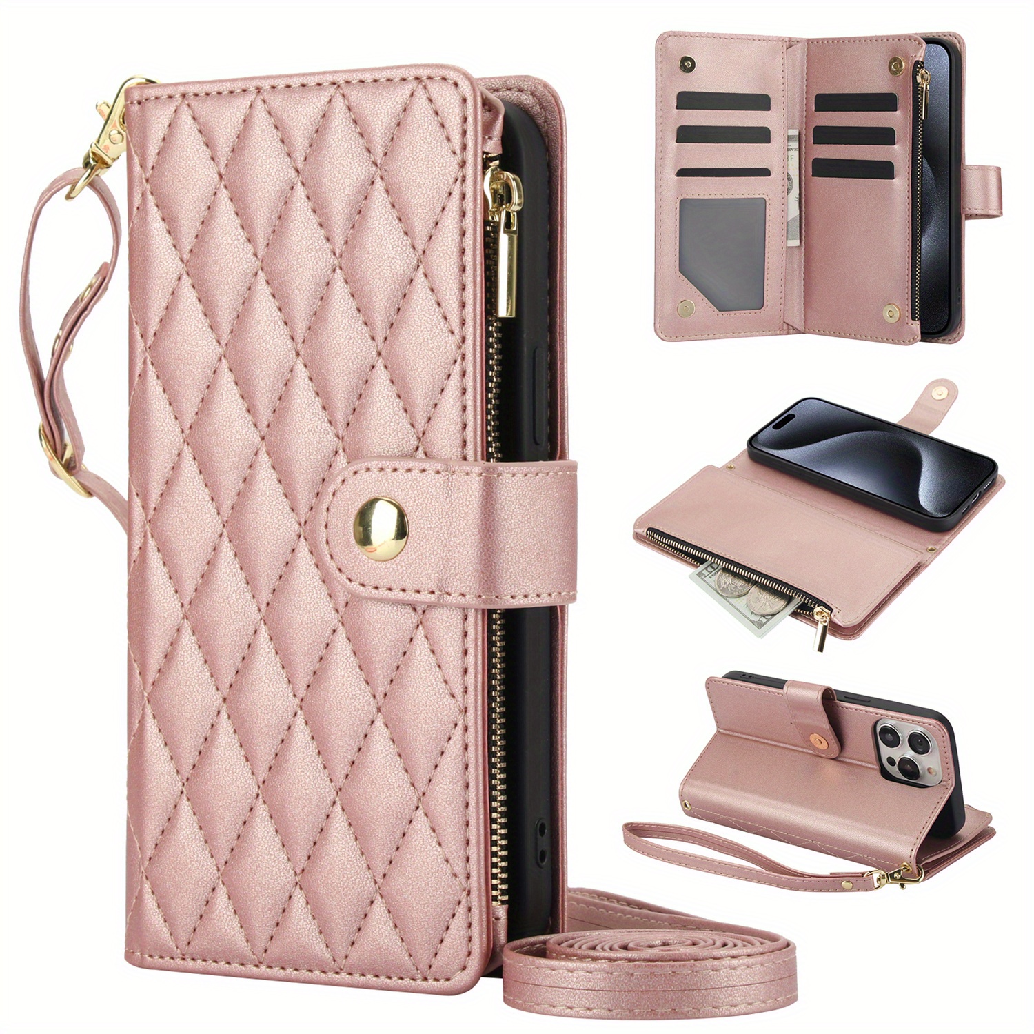 Wallet Case for iPhone 17/ 16e/ 16/ 15/ 14/ 13/ 12/ 11 Pro Max/ XR/ X/ XS/ XS Max/ 16 Plus/ 12 Mini/ 13 Mini/ SE 2020/ SE 2022/ Air 2025, Adjustable Crossbody Zipper Purse Case Card Holder with Kickstand Detachable Wrist Strap, Flip Folio Case - Image 7