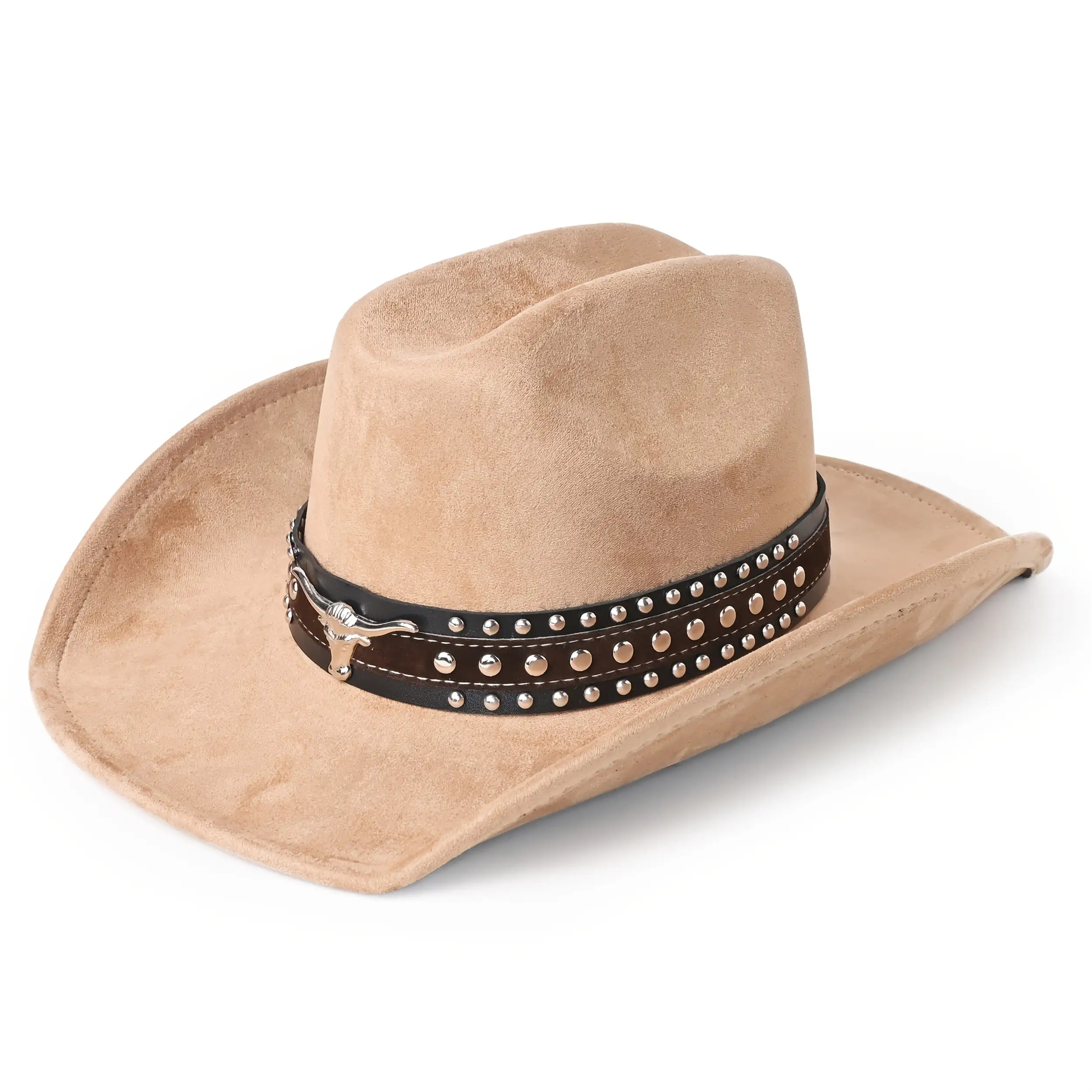1 Metal Bullhead Studded Two-Tone Leather Belt, Rancher Crease Shaped Cowboy Hat, Faux Suede Material, All-Season Style, Stylish And Fashionable