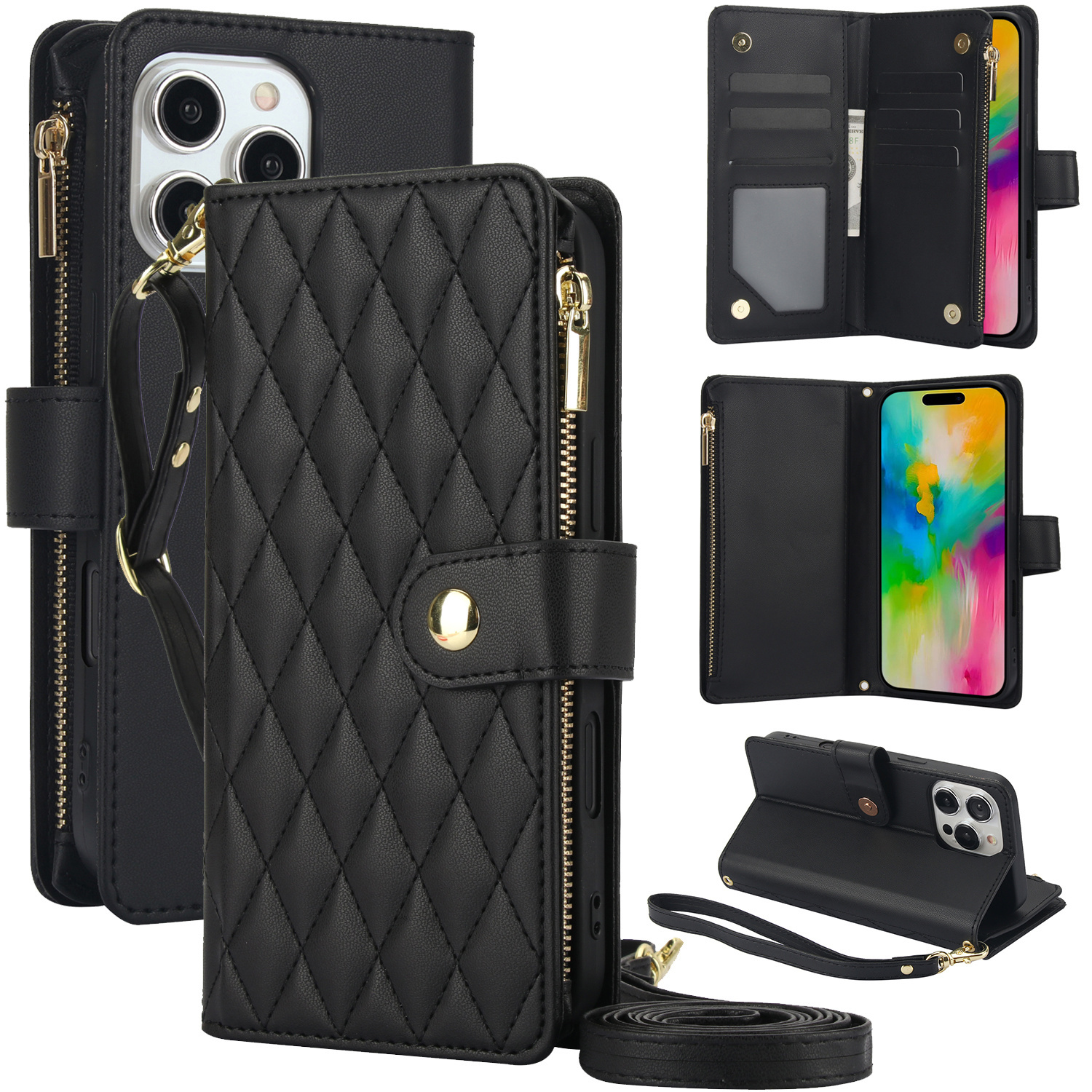 Wallet Case for iPhone 17/ 16e/ 16/ 15/ 14/ 13/ 12/ 11 Pro Max/ XR/ X/ XS/ XS Max/ 16 Plus/ 12 Mini/ 13 Mini/ SE 2020/ SE 2022/ Air 2025, Adjustable Crossbody Zipper Purse Case Card Holder with Kickstand Detachable Wrist Strap, Flip Folio Case