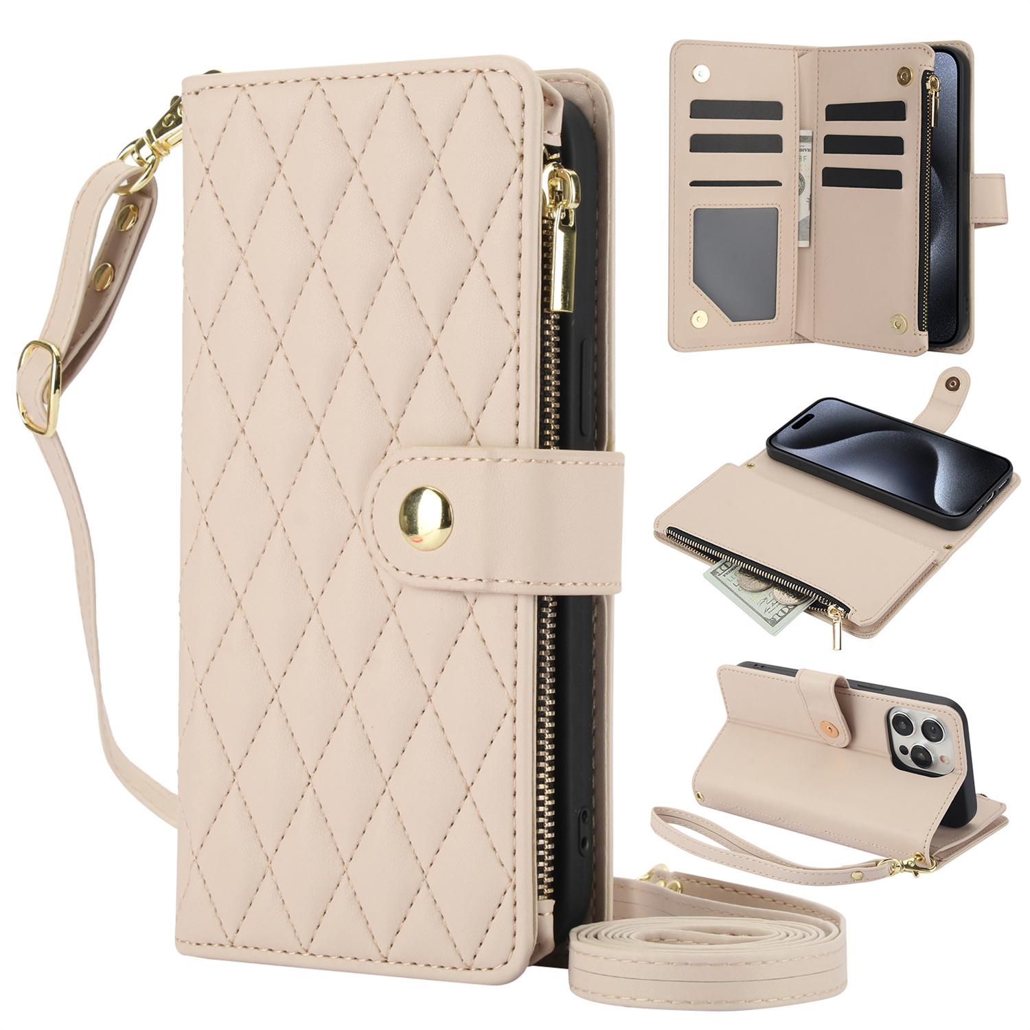 Wallet Case for iPhone 17/ 16e/ 16/ 15/ 14/ 13/ 12/ 11 Pro Max/ XR/ X/ XS/ XS Max/ 16 Plus/ 12 Mini/ 13 Mini/ SE 2020/ SE 2022/ Air 2025, Adjustable Crossbody Zipper Purse Case Card Holder with Kickstand Detachable Wrist Strap, Flip Folio Case - Image 5
