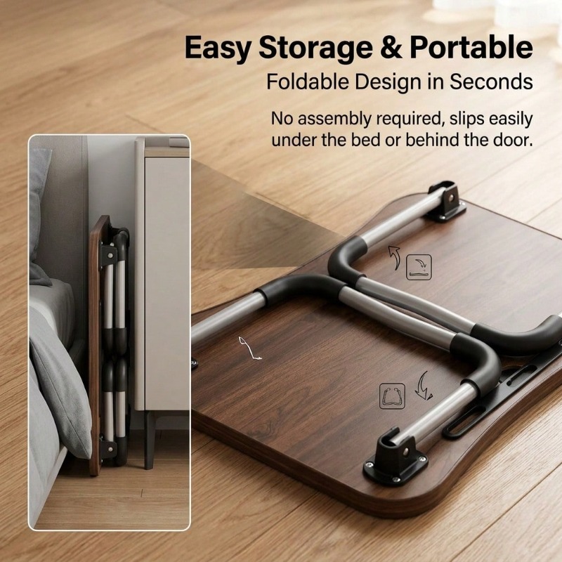 Foldable Bed Desk Suitable for Laptop, Large Portable Table with Cup Holder & Tablet Slot - Multifunctional Wood Table with Storage Tray, Space-Saving Bedside Desk for Dorm, Sofa, Bed, for Office, Tablet Holder and Tray, -Standing