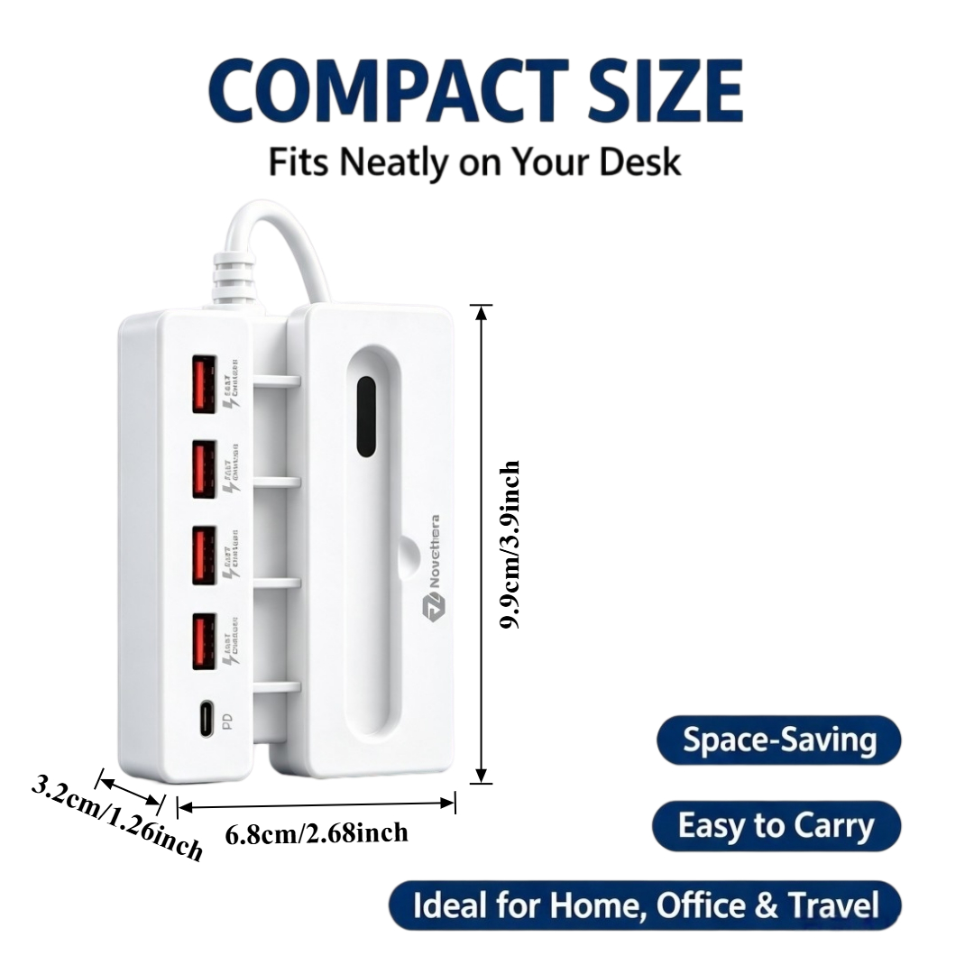 NOVETHERA 5-In-1 USB Charging Hub with Phone Stand Passive Resonance Speaker, 4 X USB-A And 1 X USB-C PD Fast Charging Ports Multi-Port USB Expander Cable Organizer Desktop Charging Station for Office Travel