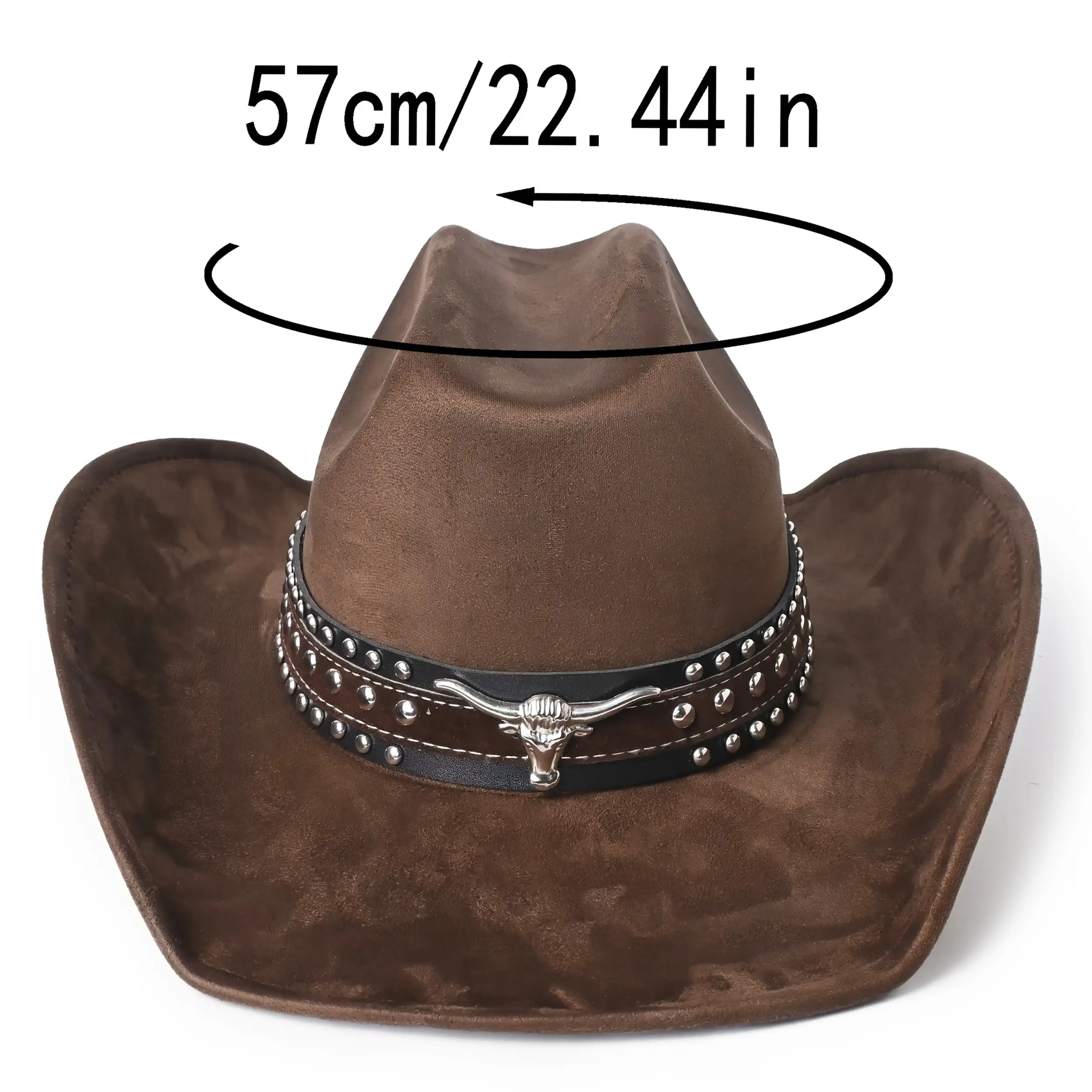 1 Metal Bullhead Studded Two-Tone Leather Belt, Rancher Crease Shaped Cowboy Hat, Faux Suede Material, All-Season Style, Stylish And Fashionable