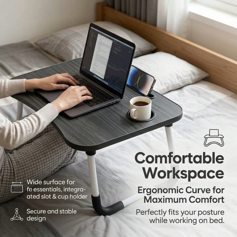 Foldable Bed Desk Suitable for Laptop, Large Portable Table with Cup Holder & Tablet Slot - Multifunctional Wood Table with Storage Tray, Space-Saving Bedside Desk for Dorm, Sofa, Bed, for Office, Tablet Holder and Tray, -Standing