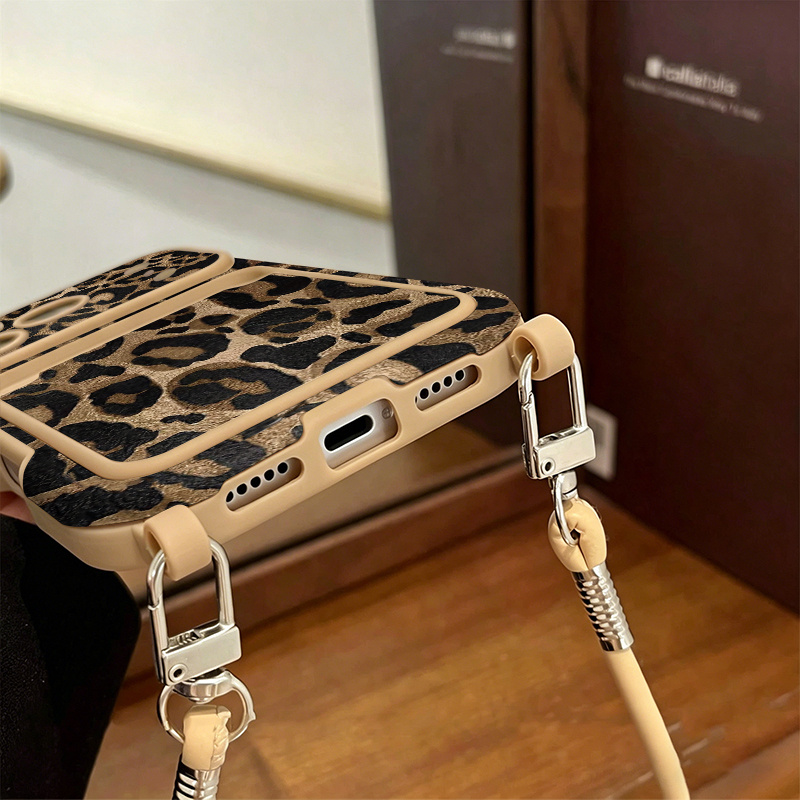 Phone Case: 1 Drop-Proof,, Shockproof, Anti-Fingerprint Card Holder Phone Case with Lanyard Strap, Vintage Leopard Print Card Holder Lanyard for Apple Series Drop-Proof Phone Cases, Matte Frosted TPU Protective Cover, Ultra-Thin and Minimalist