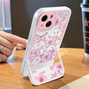 Phone Case: Transparent White and Pink Frame with Pink and Purple Butterfly Floral Pattern, Folding Invisible Stand Phone Case. Suitable for iPhone 11/12/13/14/15/16/17/Pro/ProMax/Plus Series. A Perfect Gift for Friends and Family